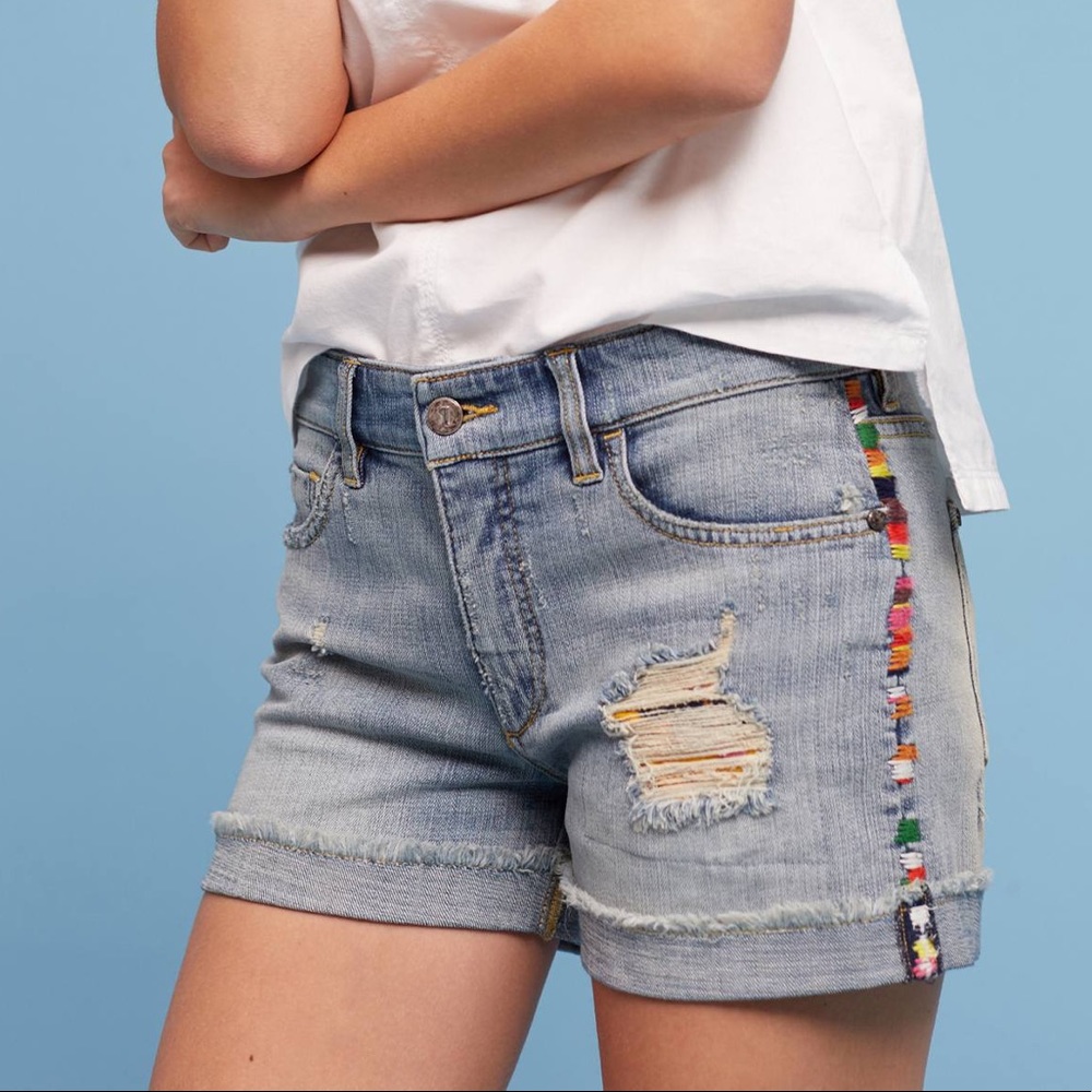 Pilcro Anthropologie Hyphen High-Rise Embroidered Distressed Denim Jean Shorts